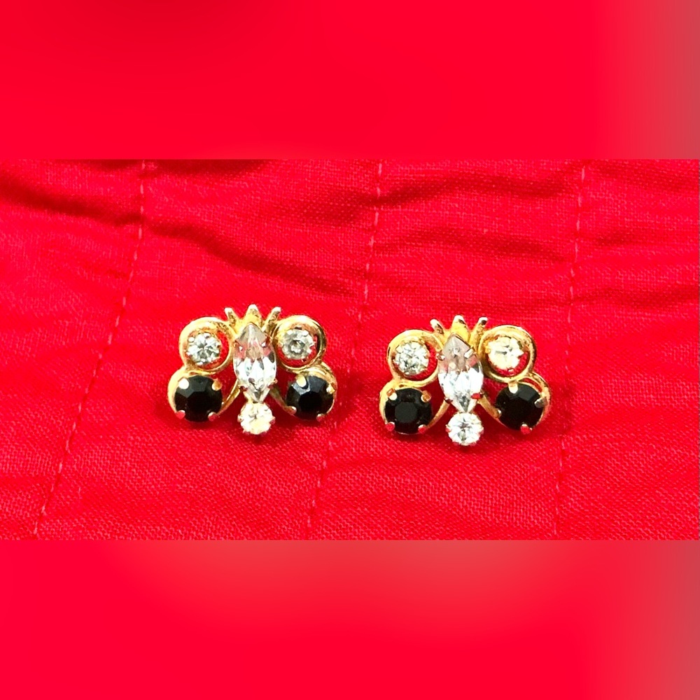 Elegant Gold-Tone Butterfly Earrings w/ Black & Clear Stones. Studs. New Backs